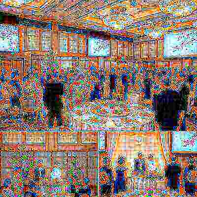 披露宴で一緒に楽しく笑い合う多様な結婚式参列者たち