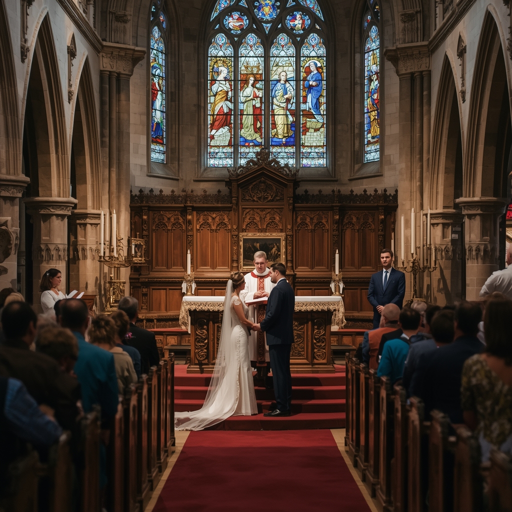Anglican wedding ceremony with couple exchanging vows at church altar