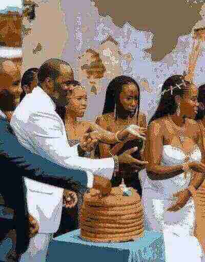 Anguillian bride and groom in traditional wedding attire