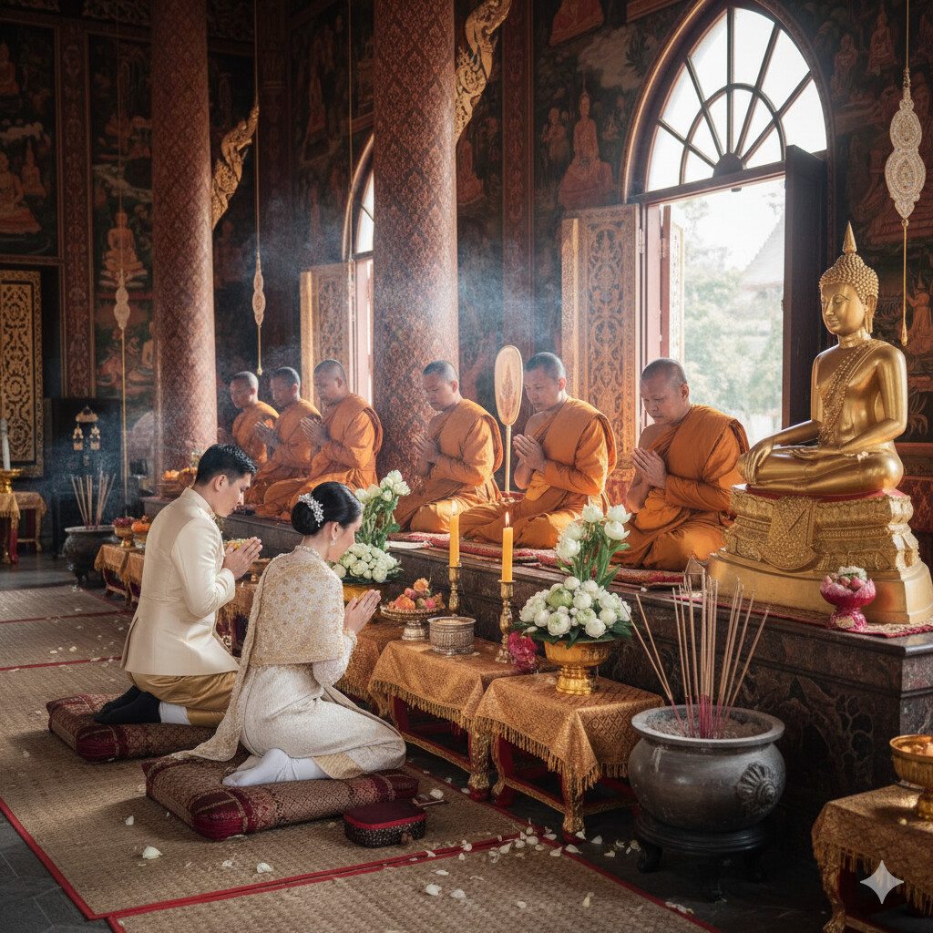 Buddhist monks blessing couple during traditional wedding ceremony