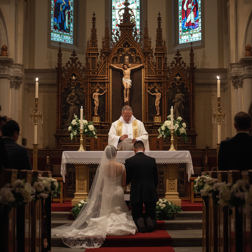 Catholic wedding mass with couple receiving sacrament of matrimony