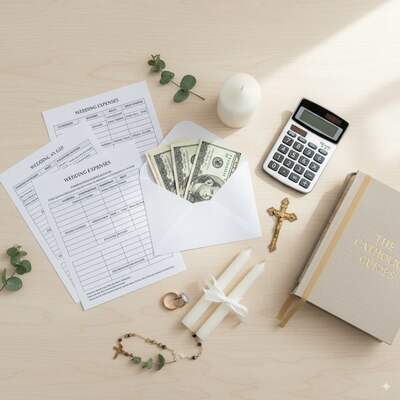 Catholic religious wedding favors on display table