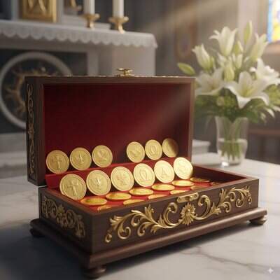 Recuerdos religiosos católicos en mesa de exhibición