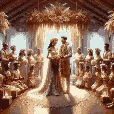 Christmas Islander bride and groom in traditional wedding attire