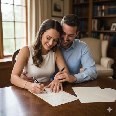 Sposi che scrivono insieme gli inviti personalizzati per il matrimonio