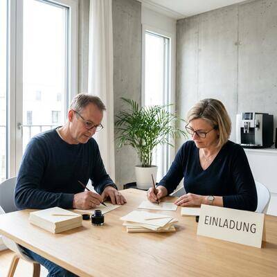 Braut und Bräutigam schreiben gemeinsam personalisierte Hochzeitseinladungen