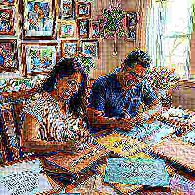 Novios escribiendo juntos invitaciones personalizadas para su boda