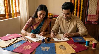दूल्हा और दुल्हन मिलकर व्यक्तिगत शादी के निमंत्रण लिख रहे हैं
