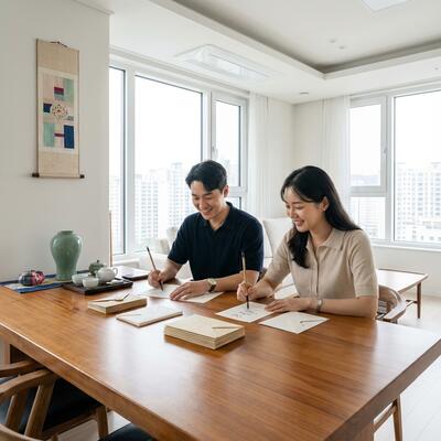 신랑과 신부가 함께 청첩장을 직접 작성하고 있는 모습