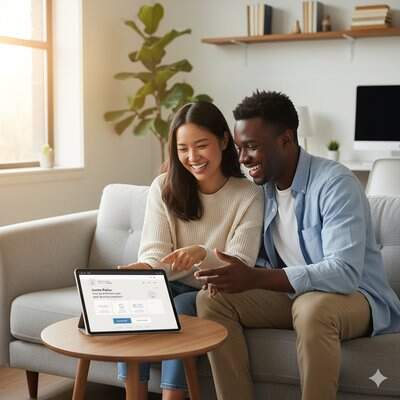 Casal de noivos usando tablet para planejar casamento e navegar em sites