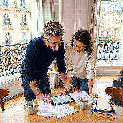 Couple de fiancés utilisant une tablette pour planifier leur mariage