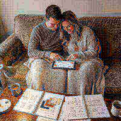 Engaged couple using tablet for wedding planning and browsing wedding websites