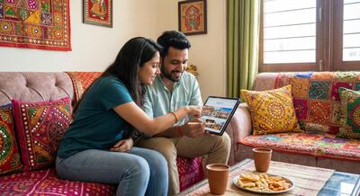 मंगेतर जोड़ा शादी की योजना के लिए टैबलेट का उपयोग कर रहा है