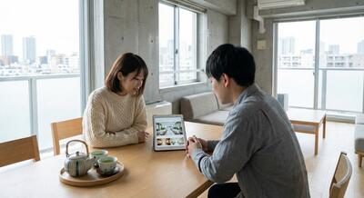 タブレットを使って結婚式の計画を立てる婚約中のカップル
