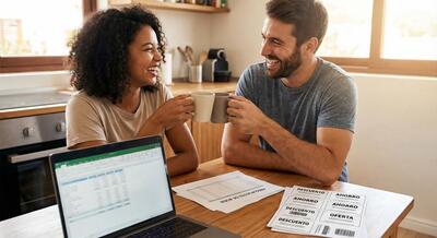 Pareja celebrando descuentos y ahorros de boda