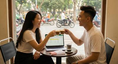 Cặp đôi ăn mừng giảm giá cưới