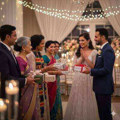 Bruiloftsgasten die geschenken aanbieden aan bruid en bruidegom tijdens traditionele ceremonie