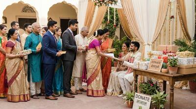 Wedding guests presenting gifts to bride and groom in traditional ceremony