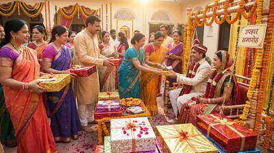पारंपरिक समारोह में शादी के मेहमान दूल्हा-दुल्हन को उपहार दे रहे हैं