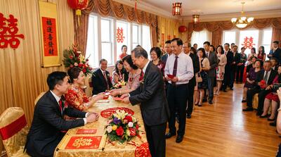 婚礼宾客在传统仪式上向新郎新娘献礼