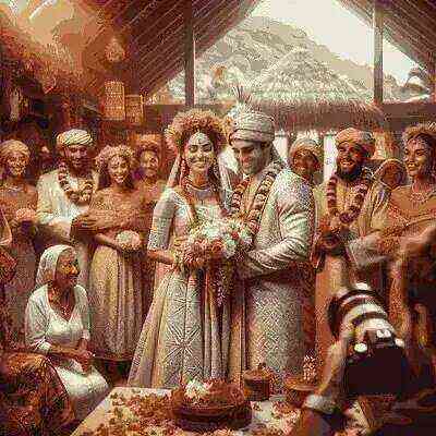 Tahitian bride and groom in traditional wedding attire