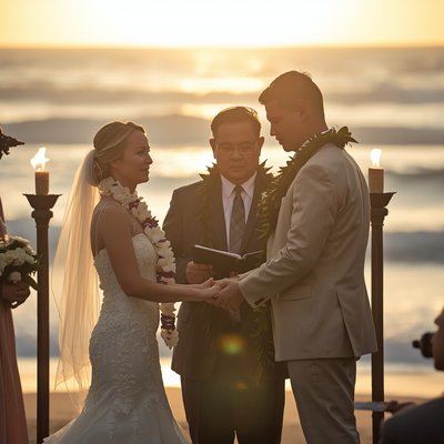 Bride and groom wearing traditional flower lei exchange vows during a Hawaiian beach wedding ceremony at sunset with tiki torches and kahu officiant