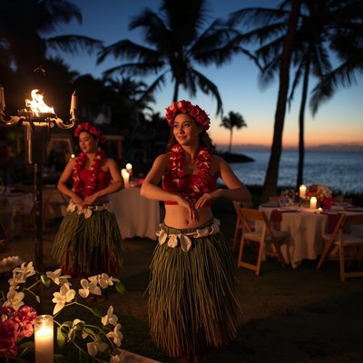 Traditional Hawaiian hula dancers performing at an outdoor wedding luau reception beneath palm trees and tiki torches at dusk