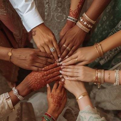 Mehndi kınası ve geleneksel mücevherlerle bir araya gelen çeşitli eller çok kültürlü düğün geleneklerini simgeliyor