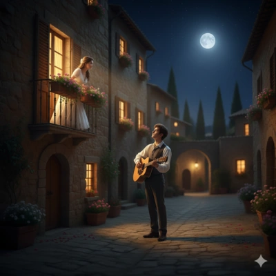 Young man serenading his beloved under a balcony window at night in Italy