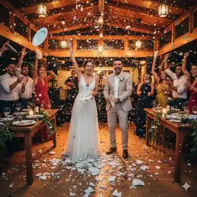 Wedding guests joyfully breaking plates at Greek wedding reception for good luck