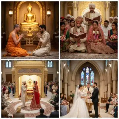 Diverse cultural wedding attire including traditional ceremonial garments from various cultures