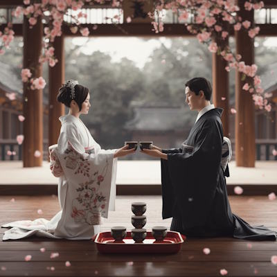 Una coppia giapponese in kimono condivide sakè da tre coppe durante un rituale san-san-kudo in un santuario shintoista