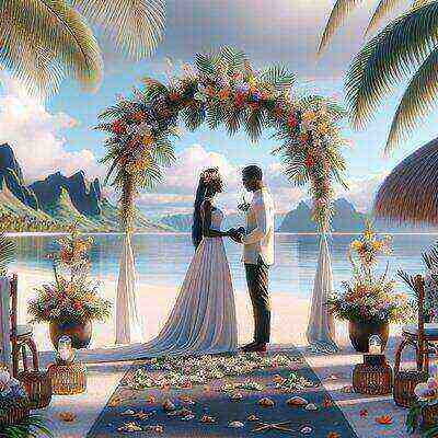 Micronesian bride and groom in traditional wedding attire
