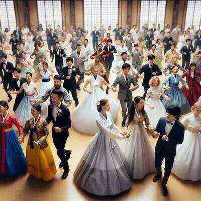 North Korean bride and groom in traditional wedding attire