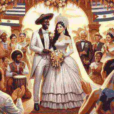Paraguayan bride and groom in traditional wedding attire