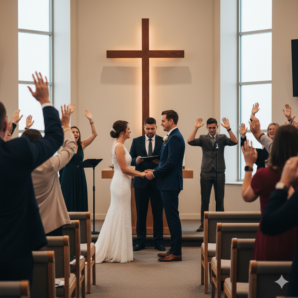 Pentecostal wedding ceremony with worship and celebration