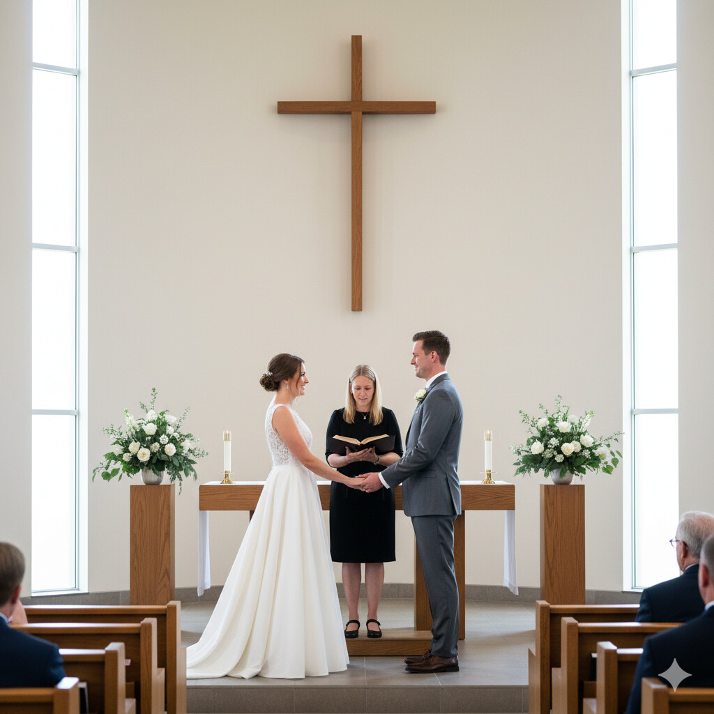 Protestant wedding ceremony in traditional church setting