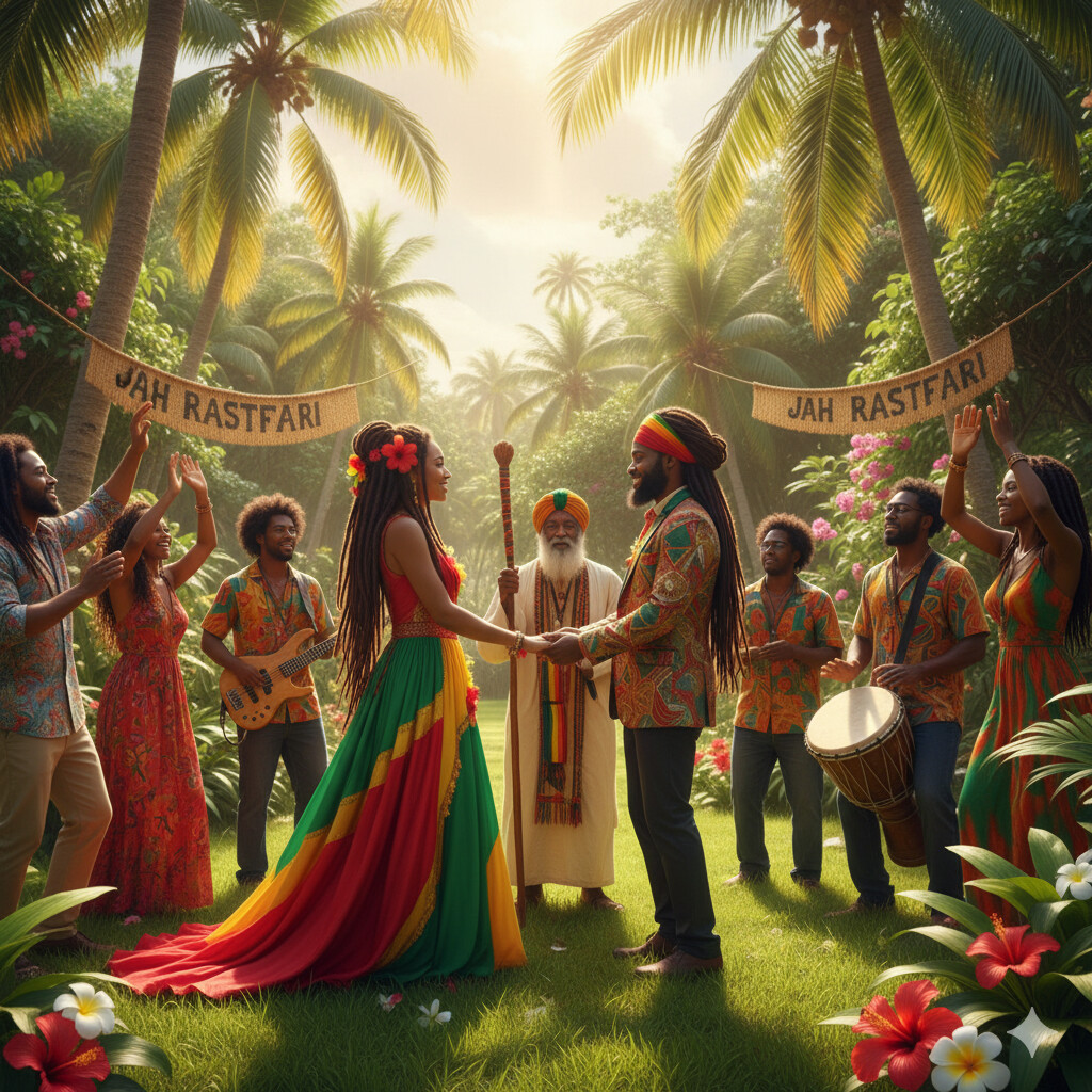 Rastafarian wedding ceremony in natural outdoor setting with traditional elements
