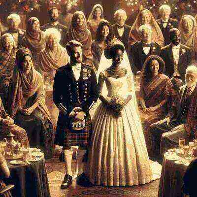 Scottish bride and groom in traditional wedding attire