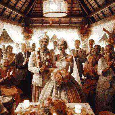 Seychellois bride and groom in traditional wedding attire