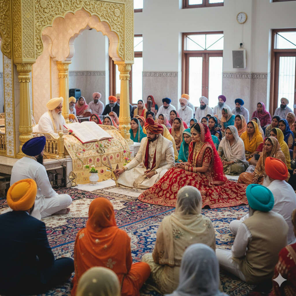 Sikh couple performing Anand Karaj ceremony circling Guru Granth Sahib