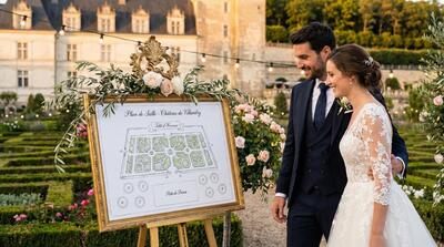 Plan d'étage et plan de table élégants d'une salle de mariage