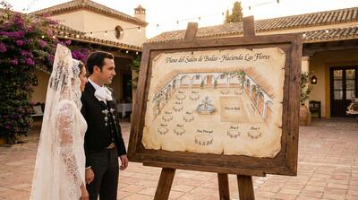 Plano del salón de bodas elegante y diagrama de asientos con distribución organizada