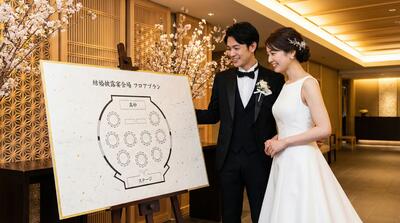 エレガントな結婚式会場の間取り図と整然とした配置の座席表