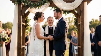 Bride and groom exchanging wedding vows during ceremony