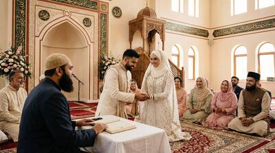 العروسان يتبادلان عهود الزواج خلال مراسم الزفاف