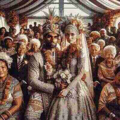 Tuvaluan bride and groom in traditional wedding attire