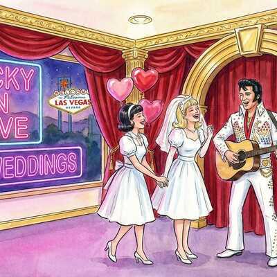 Couple getting married by Elvis impersonator in iconic Las Vegas wedding chapel (Matrimonio)