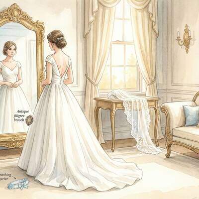 Bride in white gown with traditional something old new borrowed and blue items (Matrimonio)