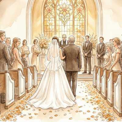 Father walking bride down the aisle toward groom at altar during ceremony (Matrimonio)